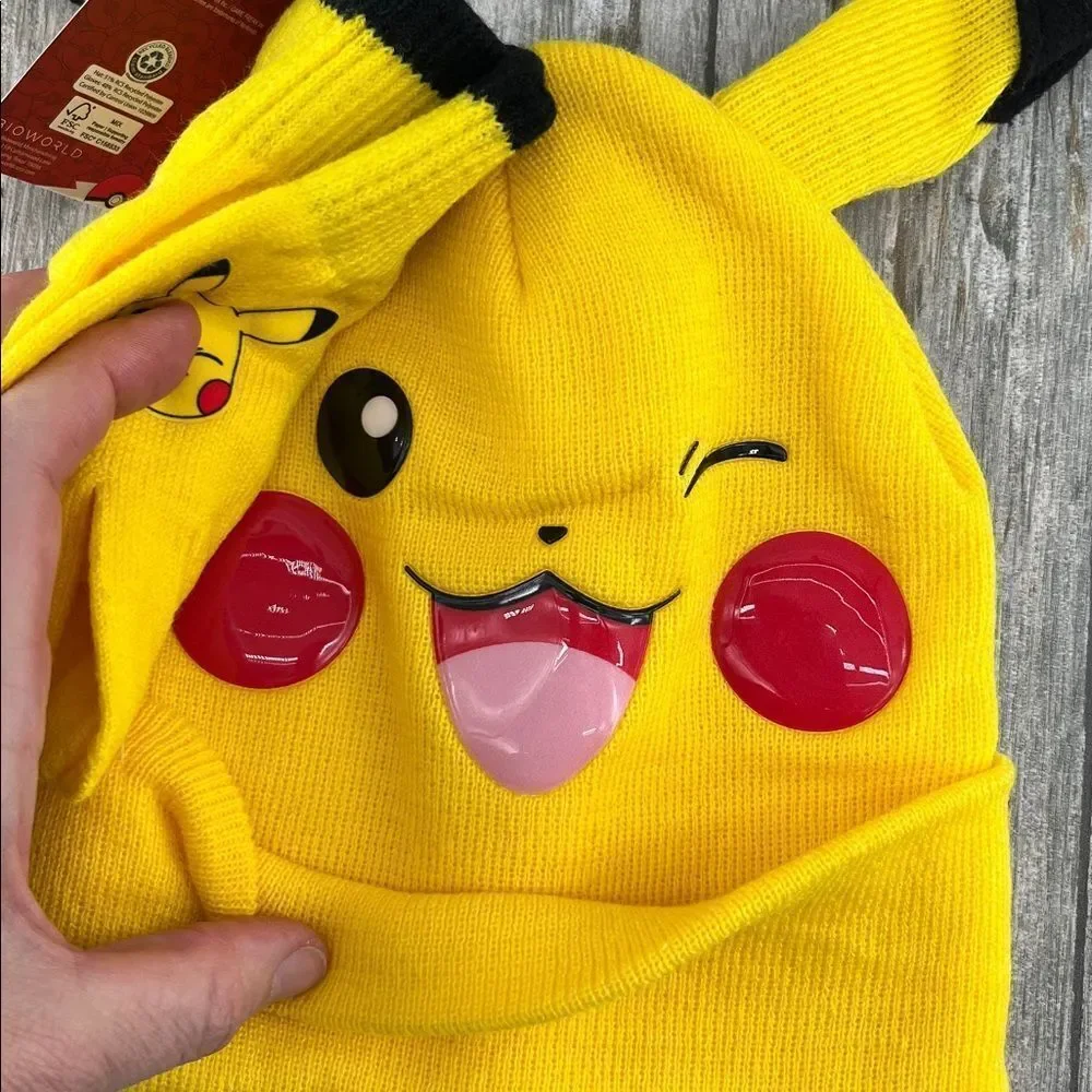 Kids Pokemon Pikachu Beanie Hat & Gloves 2-Piece Set Winter